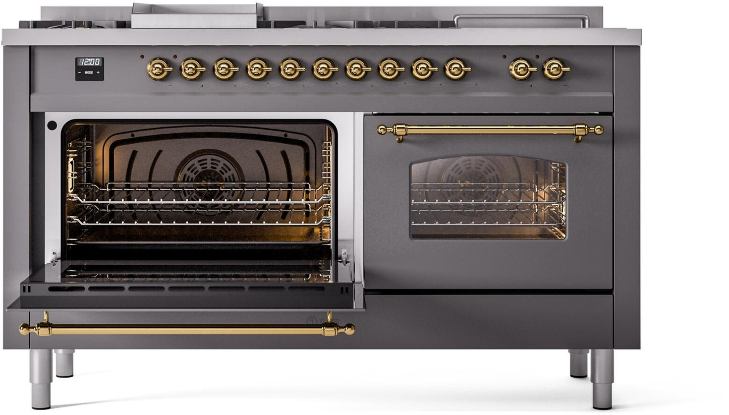 Ilve UP60FSNMPMGG Nostalgie Ii 60 Inch Dual Fuel Natural Gas Freestanding Range In Matte Graphite With Brass Trim