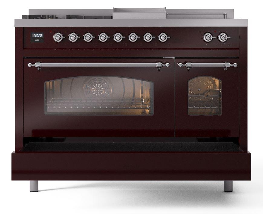 Ilve UP48FSNMPBUCLP Nostalgie Ii 48 Inch Dual Fuel Liquid Propane Freestanding Range In Burgundy With Chrome Trim