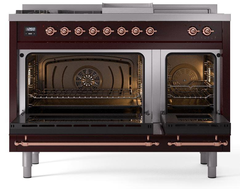 Ilve UP48FSNMPBUPLP Nostalgie Ii 48 Inch Dual Fuel Liquid Propane Freestanding Range In Burgundy With Copper Trim