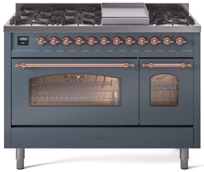 Ilve UP48FNMPBGP Nostalgie Ii 48 Inch Dual Fuel Natural Gas Freestanding Range In Blue Grey With Copper Trim