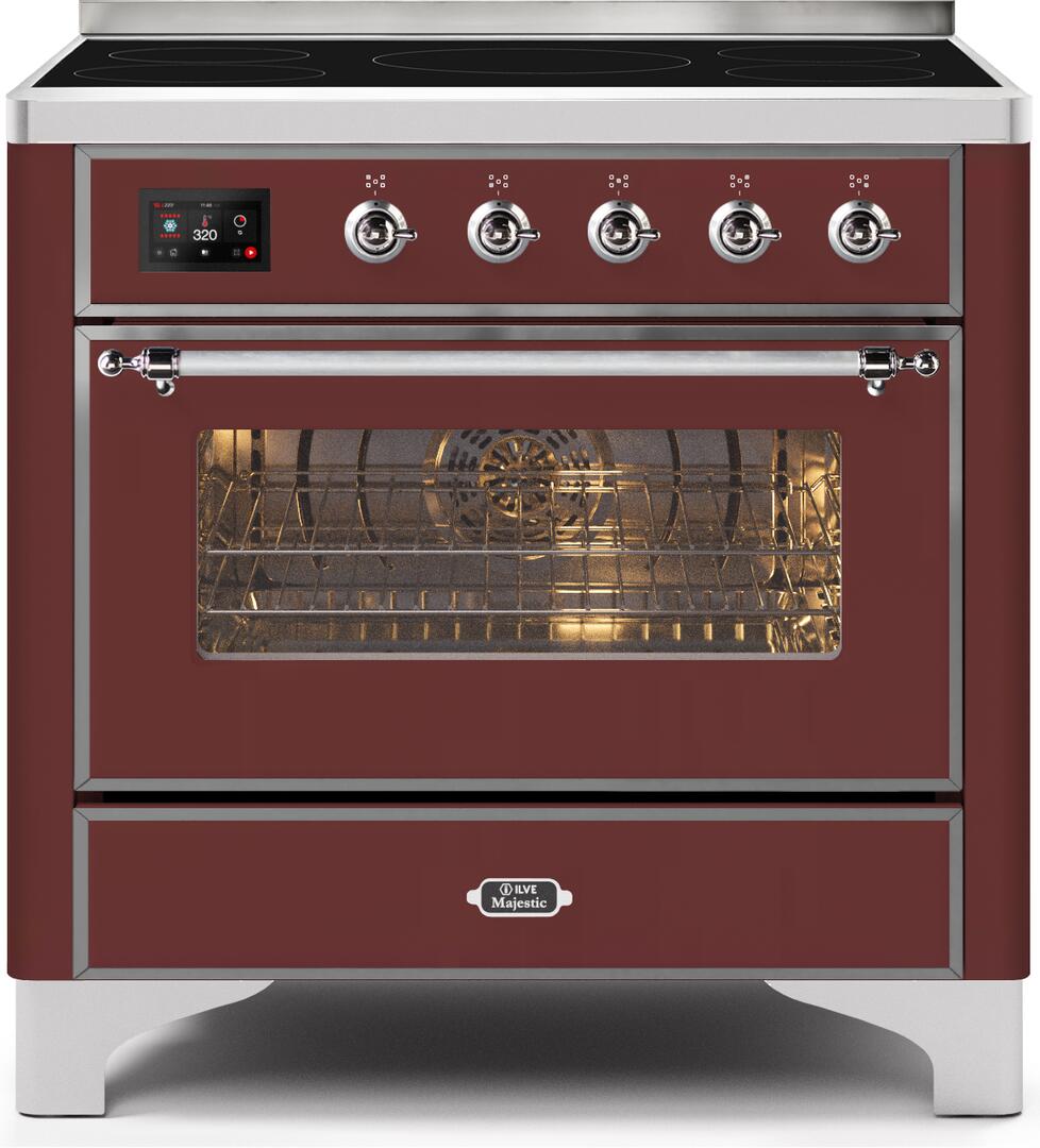 Ilve UMI09NS3BUC Majestic Ii 36 Inch Electric Freestanding Range In Burgundy With Chrome Trim