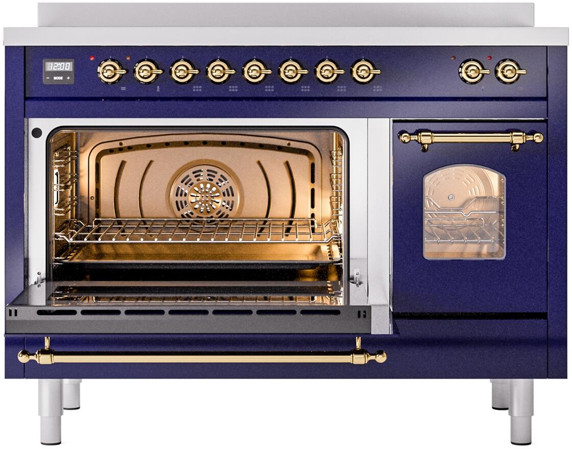 Ilve UPI486NMPMBG Nostalgie Ii 48 Inch Electric Freestanding Range In Blue With Brass Trim