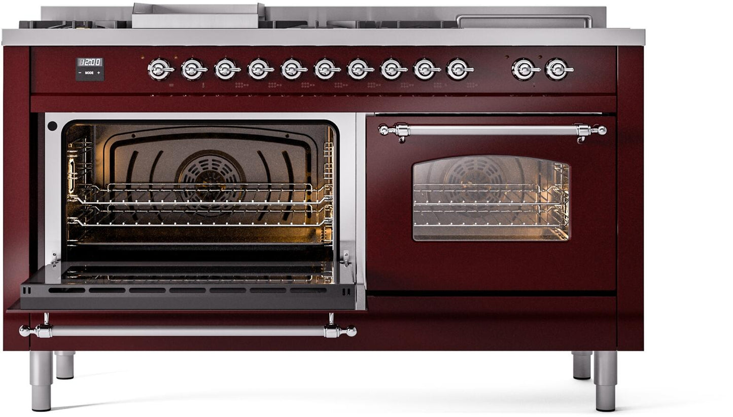 Ilve UP60FSNMPBUCLP Nostalgie Ii 60 Inch Dual Fuel Liquid Propane Freestanding Range In Burgundy With Chrome Trim