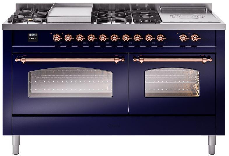 Ilve UP60FSNMPMBPLP Nostalgie Ii 60 Inch Dual Fuel Liquid Propane Freestanding Range In Blue With Copper Trim