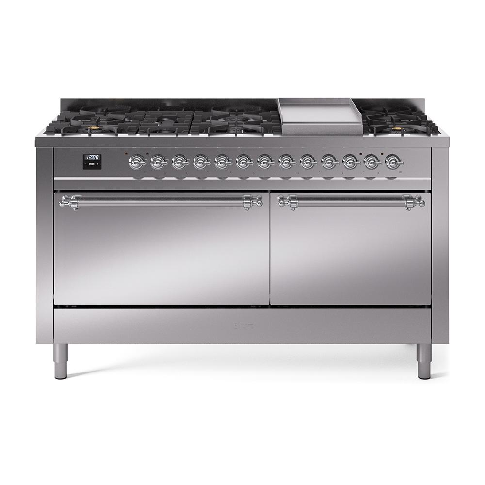 Ilve UP60FQNMPSSC Ilve Nostalgie Ii 60 Up60Fqnmpssc Freestanding Dual Fuel Range With 9 Sealed Burners Double Oven With Solid Door In Stainless Steel With Chrome Knobs