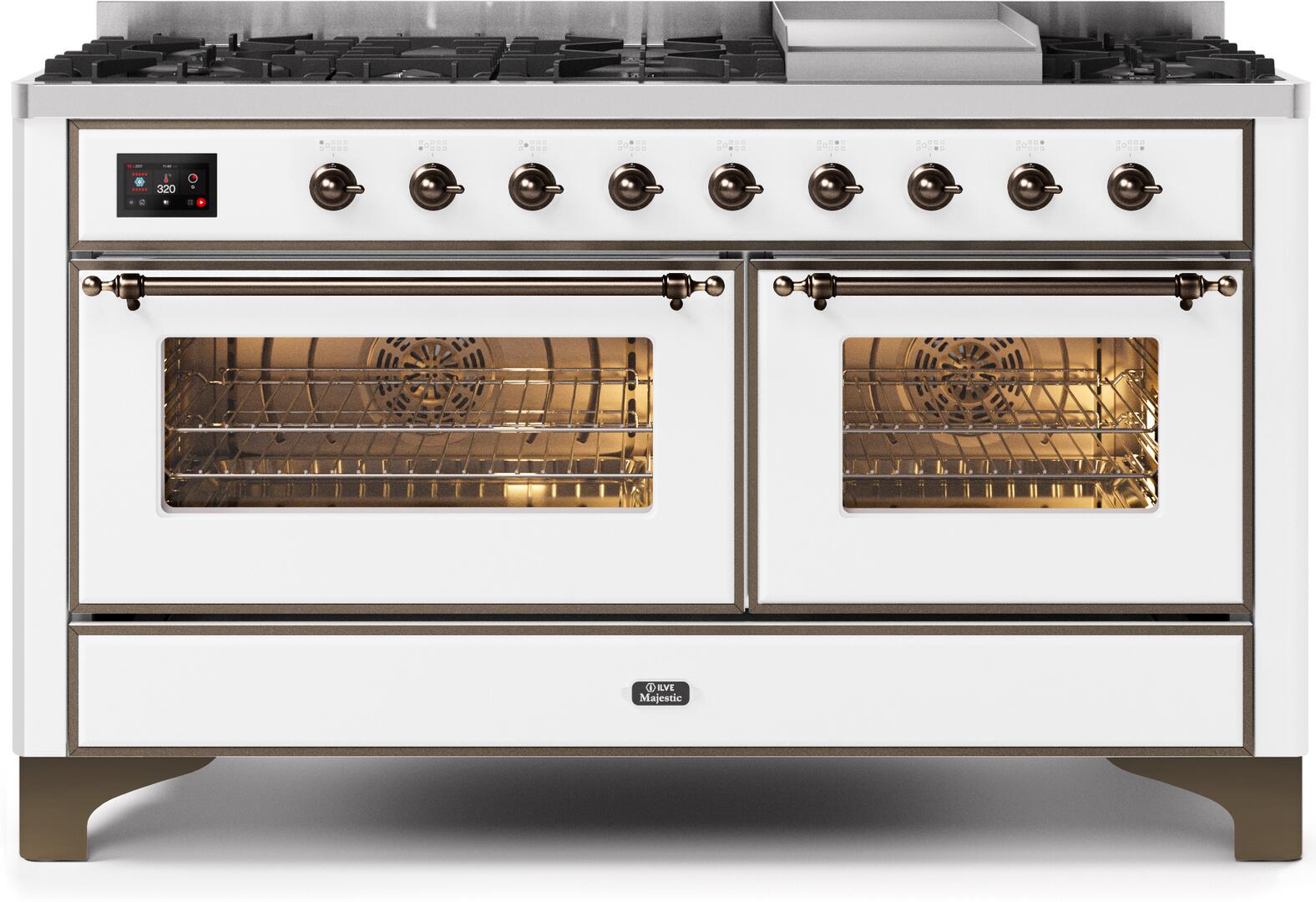 Ilve UM15FDNS3WHBLP Majestic Ii 60 Inch Dual Fuel Liquid Propane Freestanding Range In White With Bronze Trim