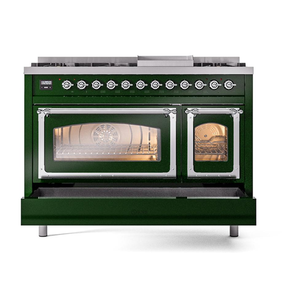 Ilve UN48FNMPEGCLP Ilve Un48Fnmpegclp Nostalgie Ii Noblesse 48" Dual Fuel Range (8 Sealed Burners + Griddle, Liquid Propane, Triple Glass Door, Emerald Green, Chrome)