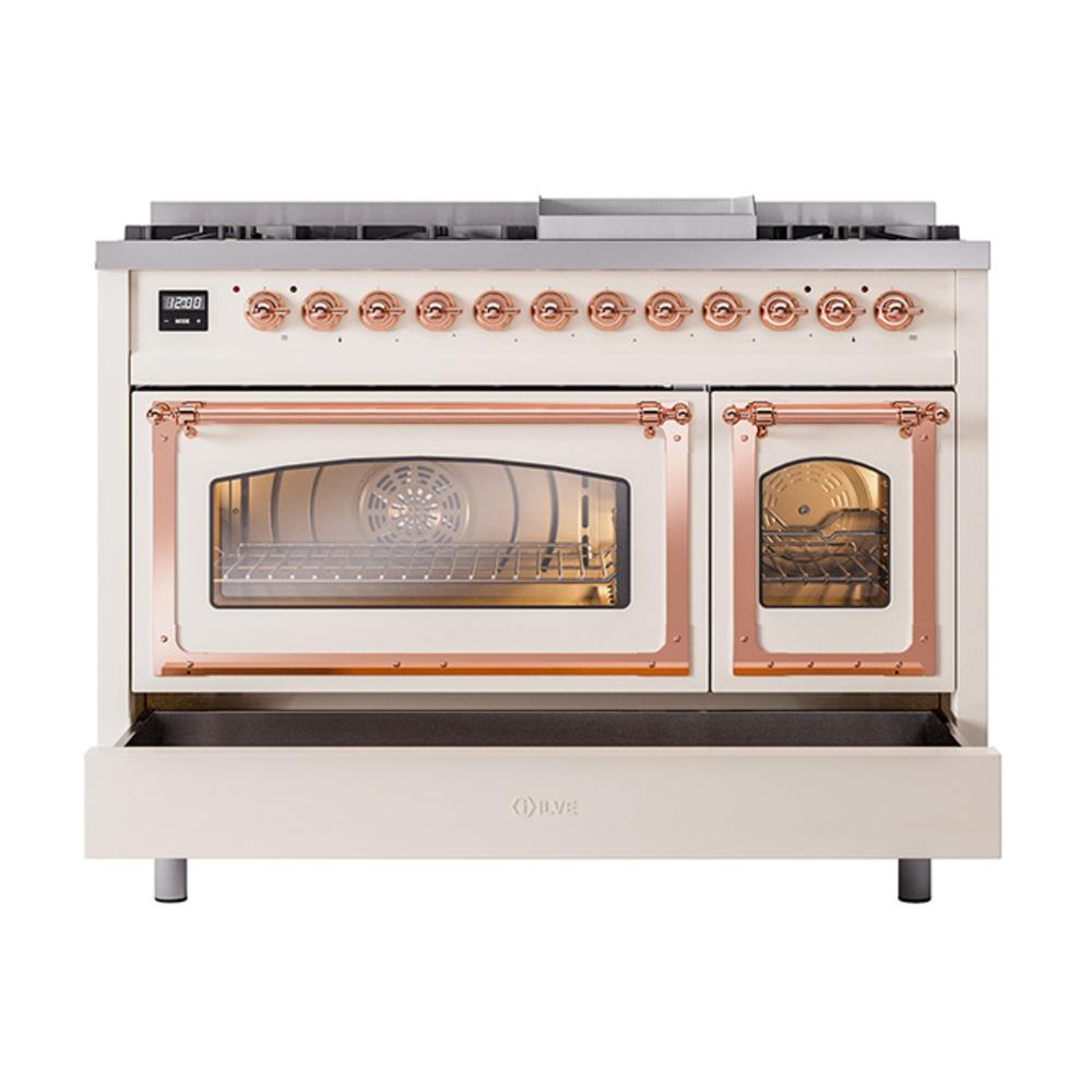 Ilve UN48FNMPAWPLP Ilve Un48Fnmpawplp Nostalgie Ii Noblesse 48" Dual Fuel Range (8 Sealed Burners + Griddle, Liquid Propane, Triple Glass Door, Antique White, Copper)