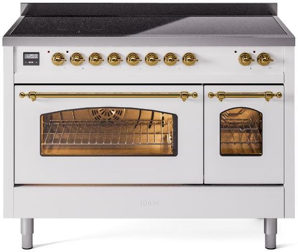 Ilve UPI486NMPWHG Nostalgie Ii 48 Inch Electric Freestanding Range In White With Brass Trim