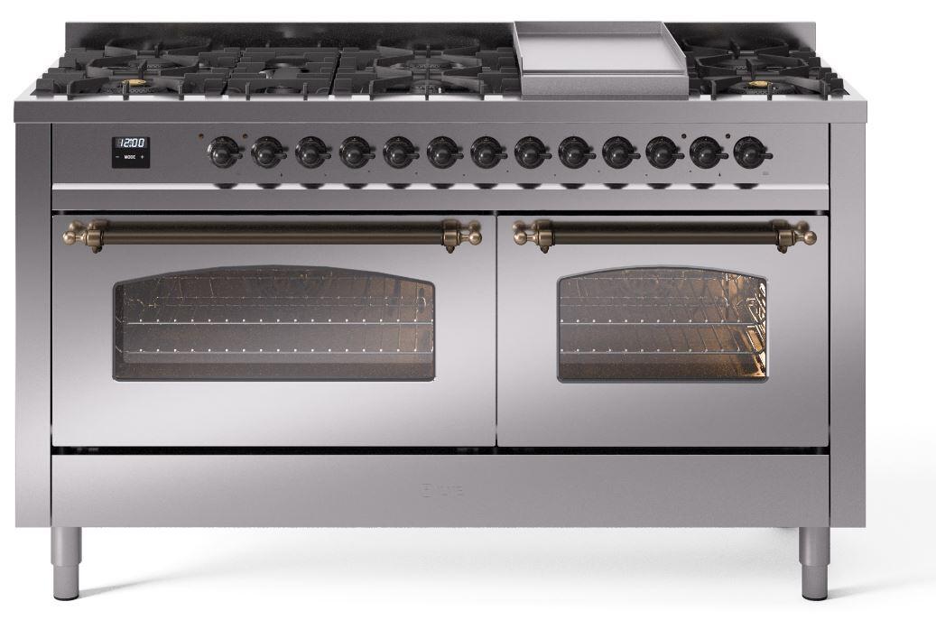 Ilve UP60FNMPSSB Nostalgie Ii 60 Inch Dual Fuel Natural Gas Freestanding Range In Stainless Steel With Bronze Trim