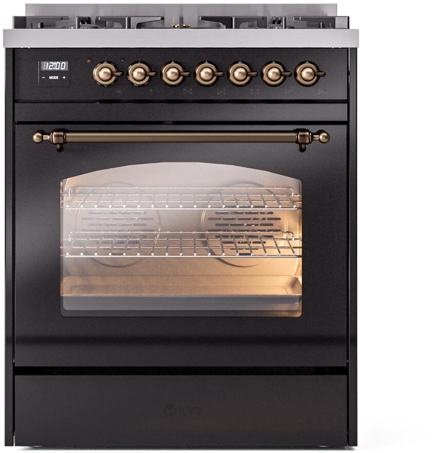 Ilve UP30NMPBKB Nostalgie Ii 30 Inch Dual Fuel Natural Gas Freestanding Range In Glossy Black With Bronze Trim