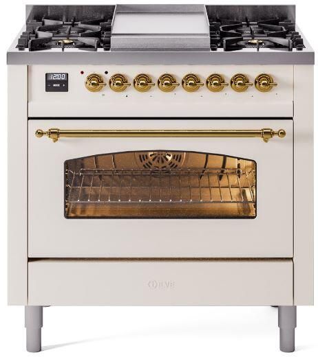 Ilve UP36FNMPAWG Nostalgie Ii 36 Inch Dual Fuel Natural Gas Freestanding Range In Antique White With Brass Trim