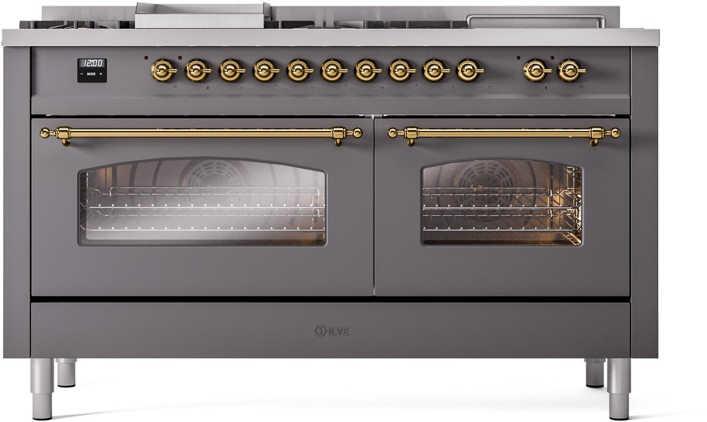 Ilve UP60FSNMPMGG Nostalgie Ii 60 Inch Dual Fuel Natural Gas Freestanding Range In Matte Graphite With Brass Trim