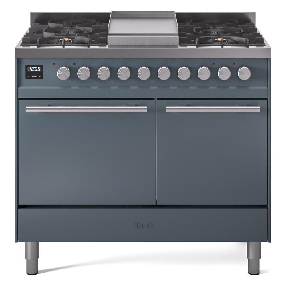 Ilve UPD40FQMPBG Ilve Professional Plus Ii 40 Upd40Fqmpbg Freestanding Dual Fuel Range With 6 Sealed Burners Yes Double Oven With Solid Door In Blue Grey With Stainless Steel Knobs