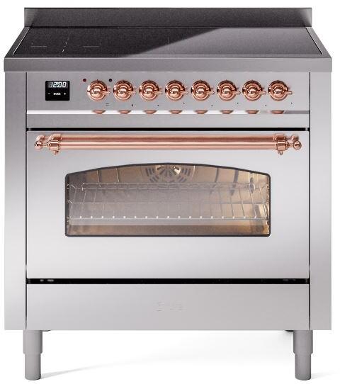 Ilve UPI366NMPSSP Nostalgie Ii 36 Inch Electric Freestanding Range In Stainless Steel With Copper Trim