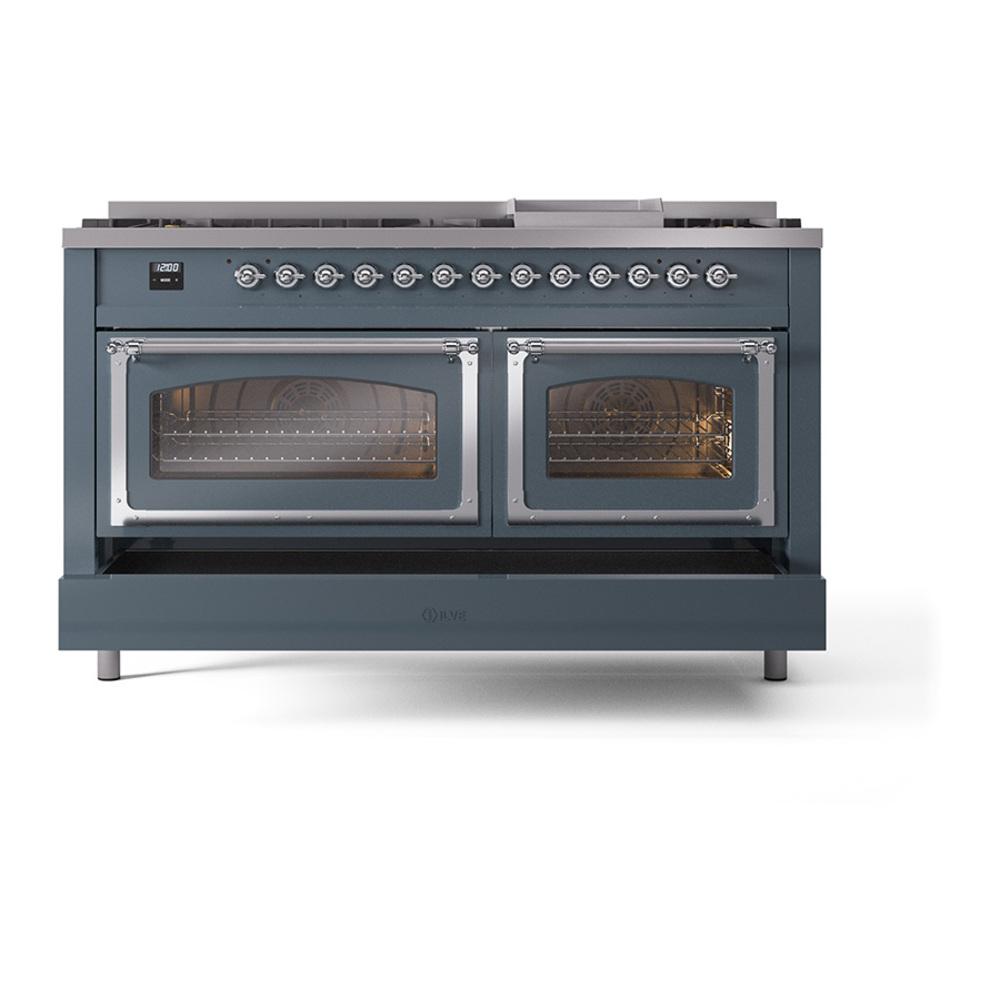 Ilve UN60FNMPBGC Ilve Un60Fnmpbgc Nostalgie Ii Noblesse 60" Dual Fuel Range (9 Sealed Burners + Griddle, Natural Gas, Triple Glass Door, Blue Grey, Chrome)