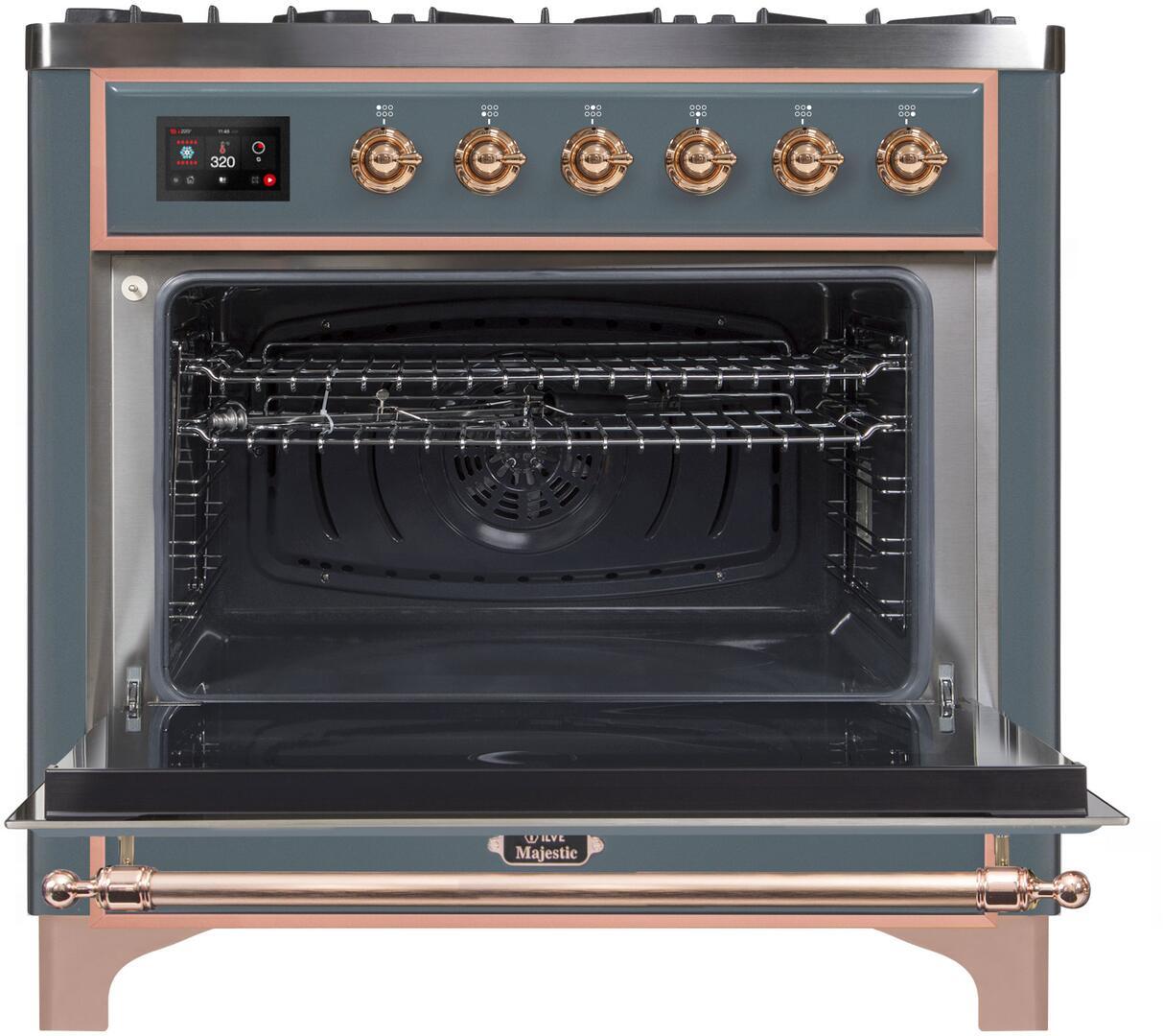 Ilve UM09FDNS3BGP Majestic Ii 36 Inch Dual Fuel Natural Gas Freestanding Range In Blue Grey With Copper Trim