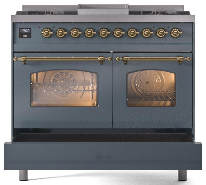 Ilve UPD40FNMPBGG Nostalgie Ii 40 Inch Dual Fuel Natural Gas Freestanding Range In Blue Grey With Brass Trim