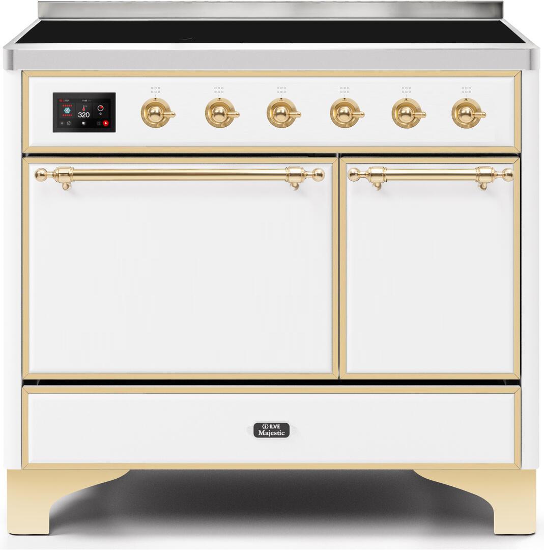 Ilve UMDI10QNS3WHG Majestic Ii 40 Inch Electric Freestanding Range In White With Brass Trim