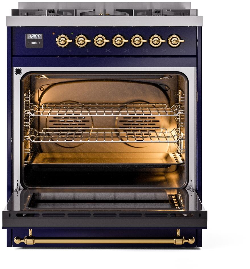 Ilve UP30NMPMBGLP Nostalgie Ii 30 Inch Dual Fuel Liquid Propane Freestanding Range In Blue With Brass Trim