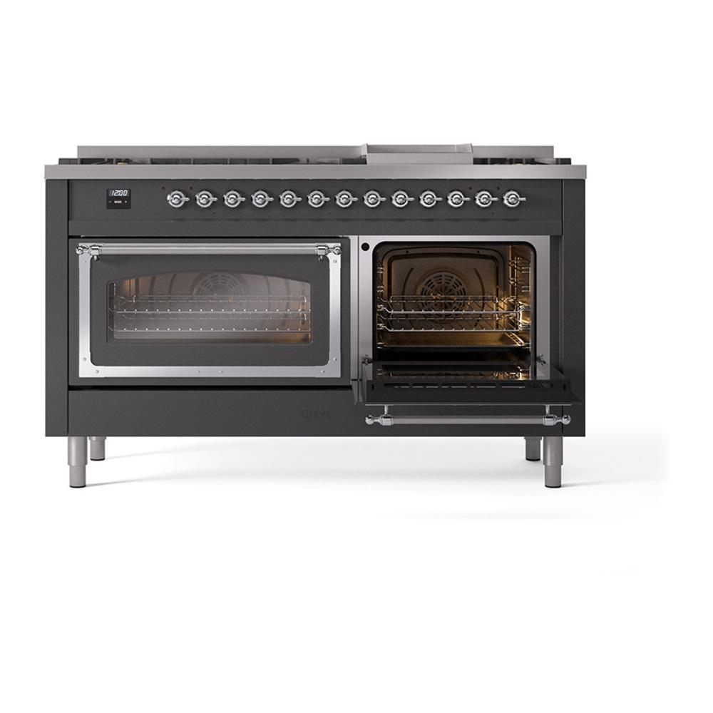 Ilve UN60FNMPMGC Ilve Un60Fnmpmgc Nostalgie Ii Noblesse 60" Dual Fuel Range (9 Sealed Burners + Griddle, Natural Gas, Triple Glass Door, Graphite Matte, Chrome)