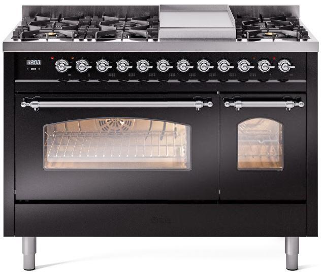 Ilve UP48FNMPBKCLP Nostalgie Ii 48 Inch Dual Fuel Liquid Propane Freestanding Range In Glossy Black With Chrome Trim