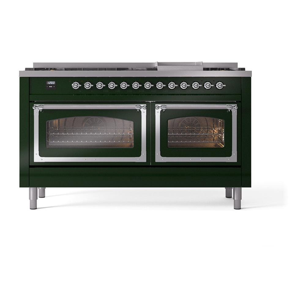 Ilve UN60FNMPEGC Ilve Un60Fnmpegc Nostalgie Ii Noblesse 60" Dual Fuel Range (9 Sealed Burners + Griddle, Natural Gas, Triple Glass Door, Emerald Green, Chrome)