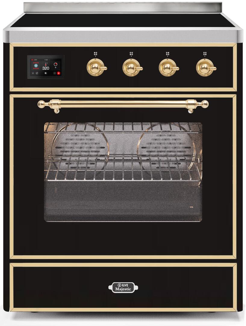 Ilve UMI30NE3BKG Majestic Ii 30 Inch Electric Freestanding Range In Glossy Black With Brass Trim