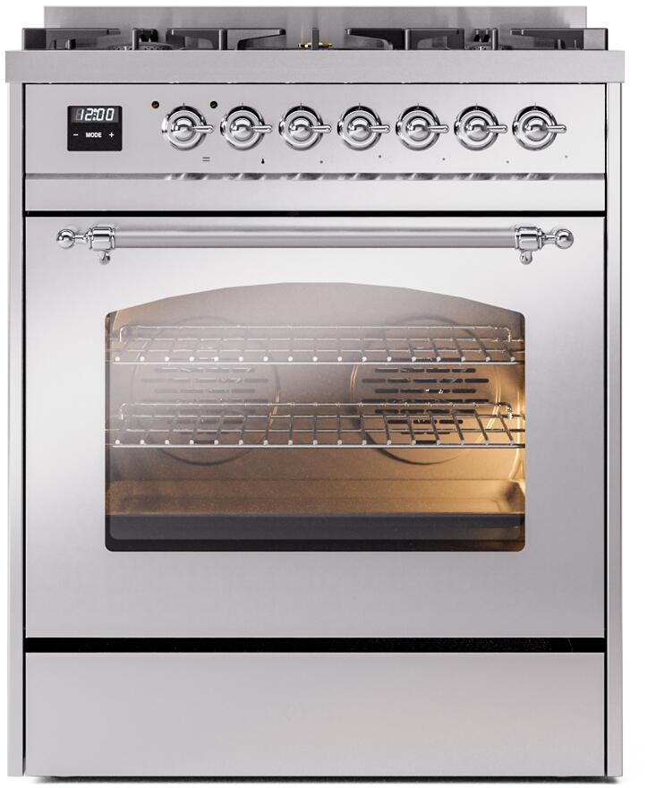 Ilve UP30NMPSSC Nostalgie Ii 30 Inch Dual Fuel Natural Gas Freestanding Range In Stainless Steel With Chrome Trim