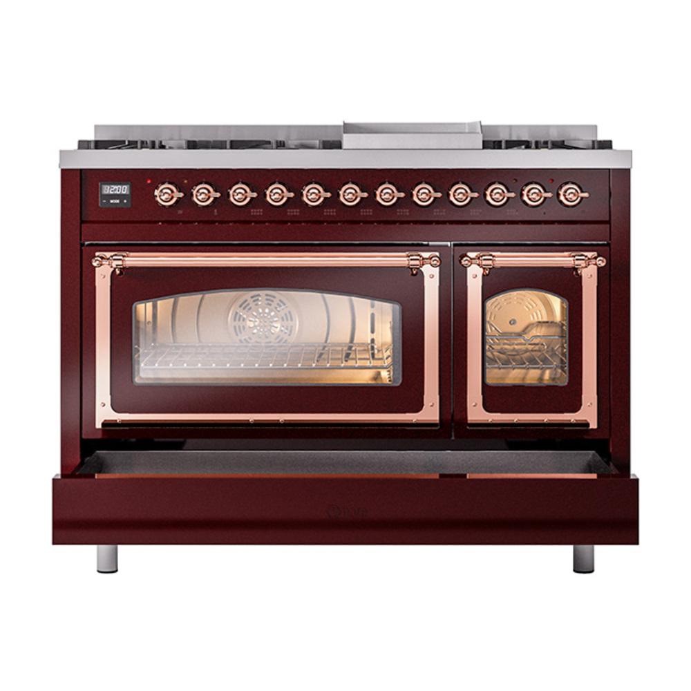 Ilve UN48FNMPBUPLP Ilve Un48Fnmpbuplp Nostalgie Ii Noblesse 48" Dual Fuel Range (8 Sealed Burners + Griddle, Liquid Propane, Triple Glass Door, Burgundy, Copper)