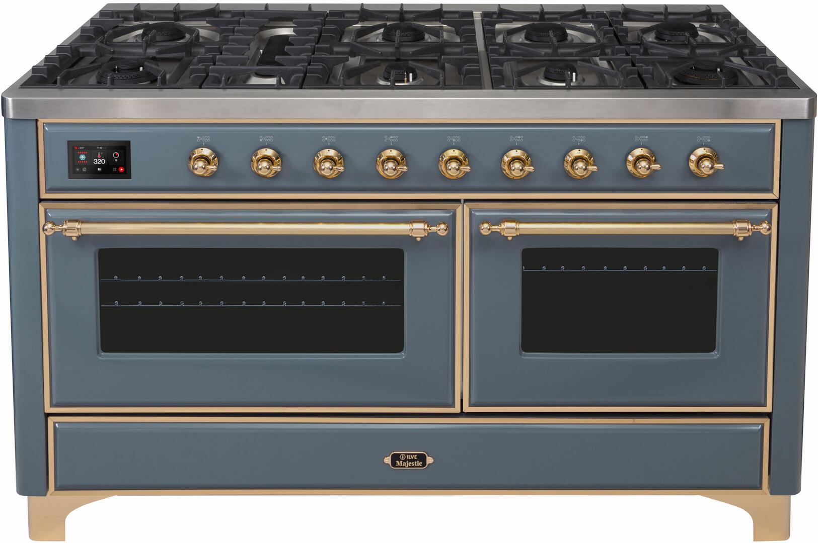 Ilve UM15FDNS3BGG Majestic Ii 60 Inch Dual Fuel Natural Gas Freestanding Range In Blue Grey With Brass Trim