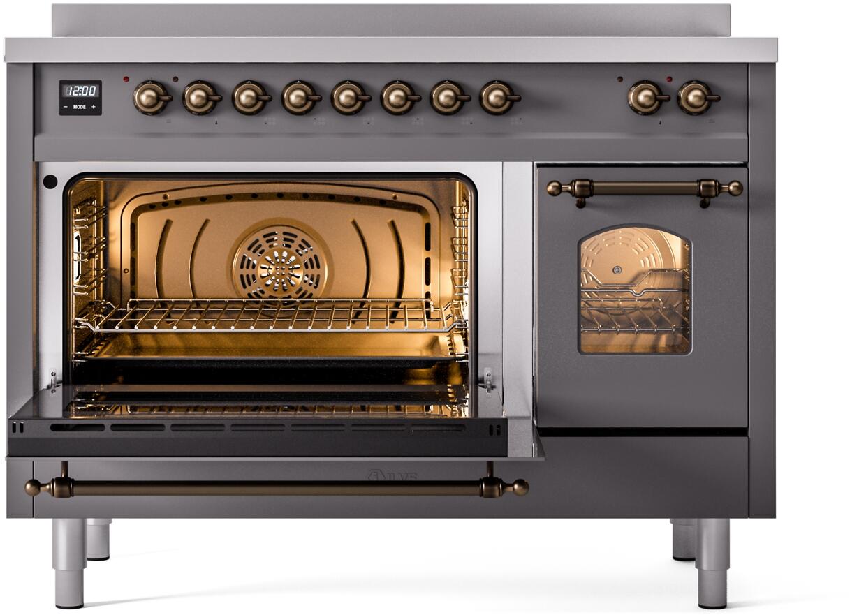 Ilve UPI486NMPMGB Nostalgie Ii 48 Inch Electric Freestanding Range In Matte Graphite With Bronze Trim