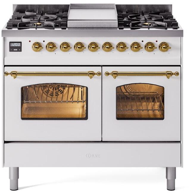 Ilve UPD40FNMPWHGLP Nostalgie Ii 40 Inch Dual Fuel Liquid Propane Freestanding Range In White With Brass Trim