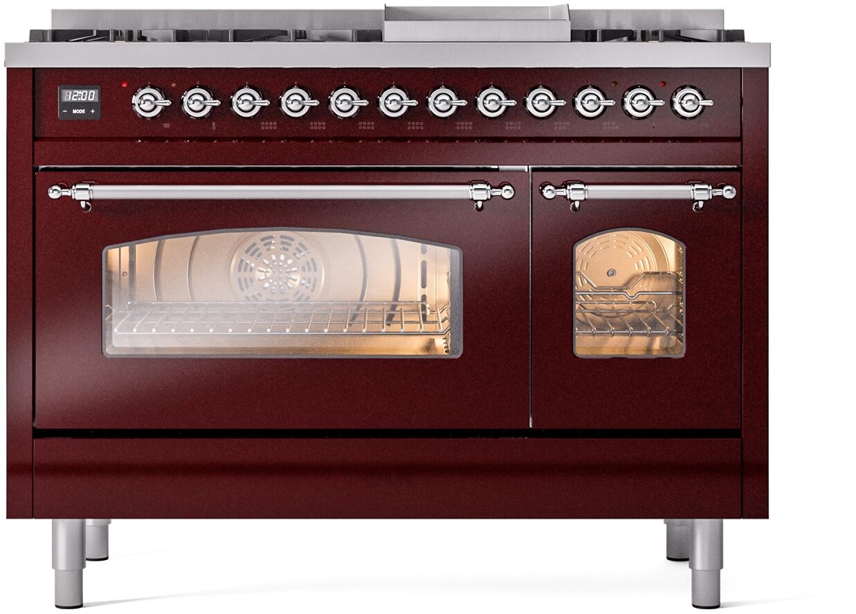 Ilve UP48FNMPBUCLP Nostalgie Ii 48 Inch Dual Fuel Liquid Propane Freestanding Range In Burgundy With Chrome Trim