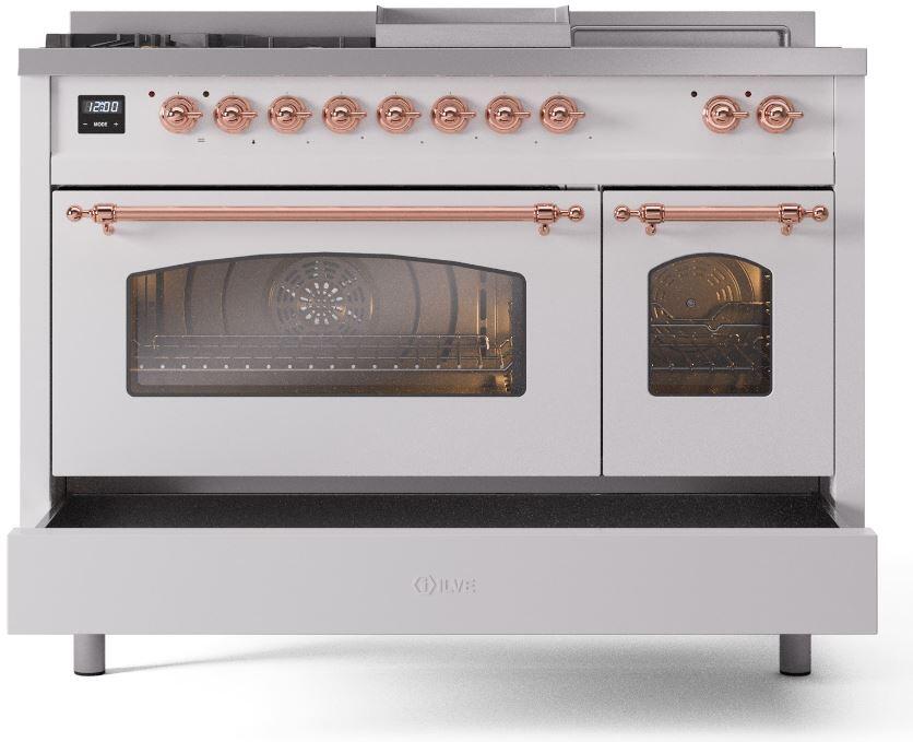 Ilve UP48FSNMPWHPLP Nostalgie Ii 48 Inch Dual Fuel Liquid Propane Freestanding Range In White With Copper Trim