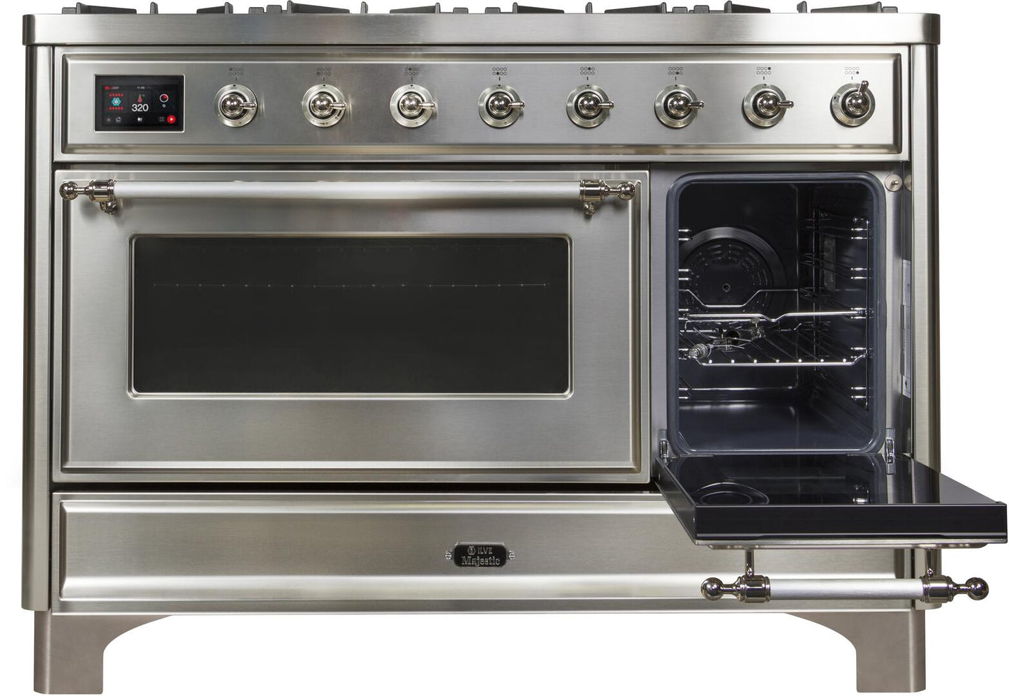 Ilve UM12FDNS3SSCLP Majestic Ii 48 Inch Dual Fuel Liquid Propane Freestanding Range In Stainless Steel With Chrome Trim