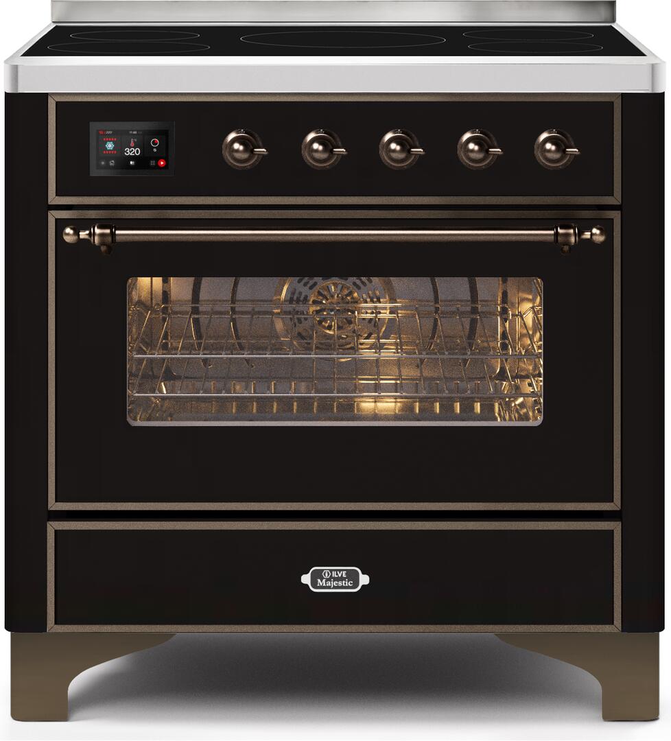 Ilve UMI09NS3BKB Majestic Ii 36 Inch Electric Freestanding Range In Glossy Black With Bronze Trim