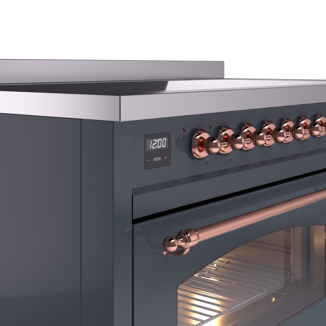 Ilve UPI486NMPBGP Nostalgie Ii 48 Inch Electric Freestanding Range In Blue Grey With Copper Trim