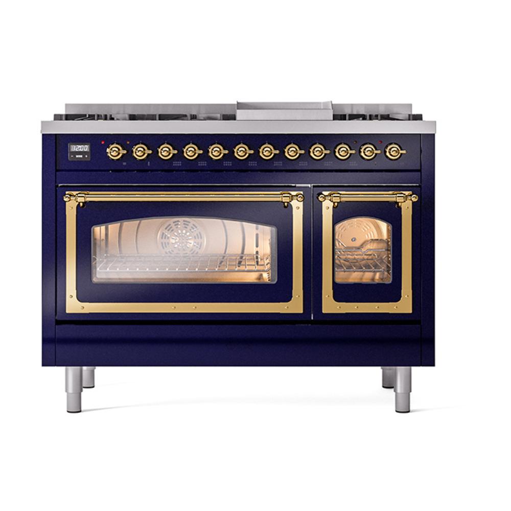 Ilve UN48FNMPMBG Ilve Un48Fnmpmbg Nostalgie Ii Noblesse 48" Dual Fuel Range (8 Sealed Burners + Griddle, Natural Gas, Triple Glass Door, Midnight Blue, Brass)