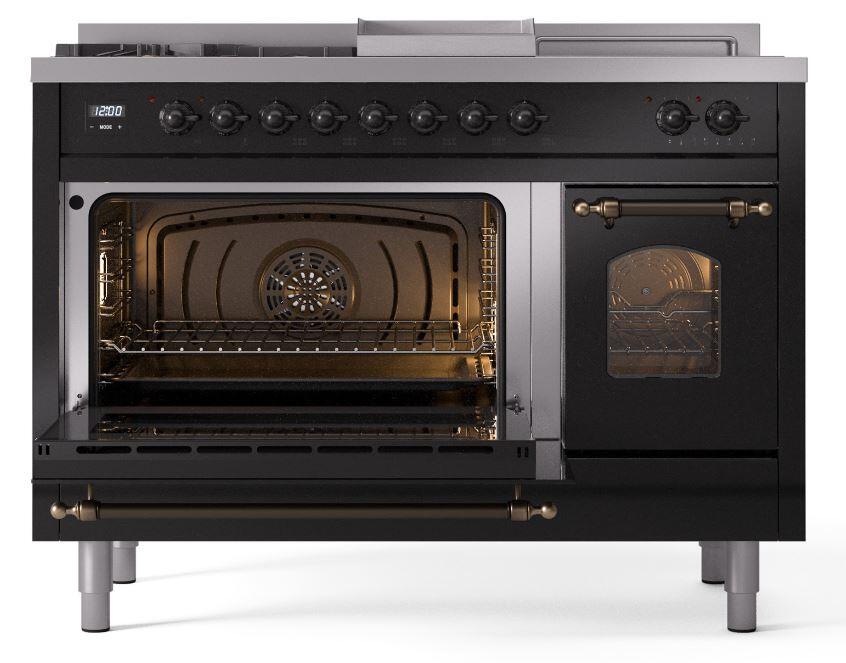 Ilve UP48FSNMPBKB Nostalgie Ii 48 Inch Dual Fuel Natural Gas Freestanding Range In Glossy Black With Bronze Trim