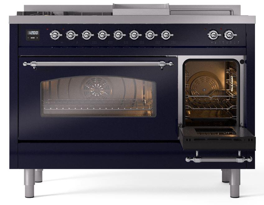 Ilve UP48FSNMPMBC Nostalgie Ii 48 Inch Dual Fuel Natural Gas Freestanding Range In Blue With Chrome Trim