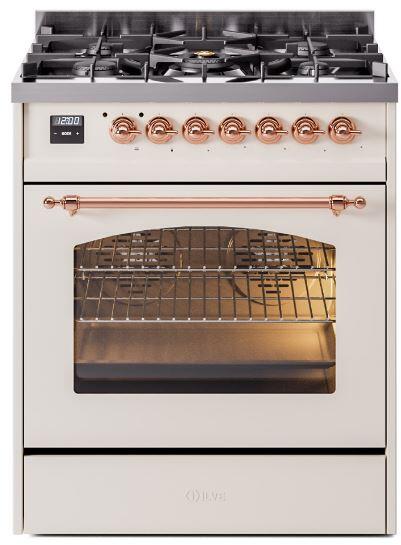 Ilve UP30NMPAWPLP Nostalgie Ii 30 Inch Dual Fuel Liquid Propane Freestanding Range In Antique White With Copper Trim