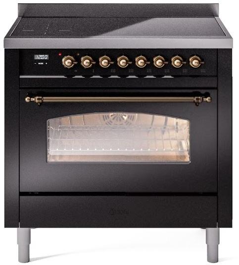 Ilve UPI366NMPBKB Nostalgie Ii 36 Inch Electric Freestanding Range In Glossy Black With Bronze Trim