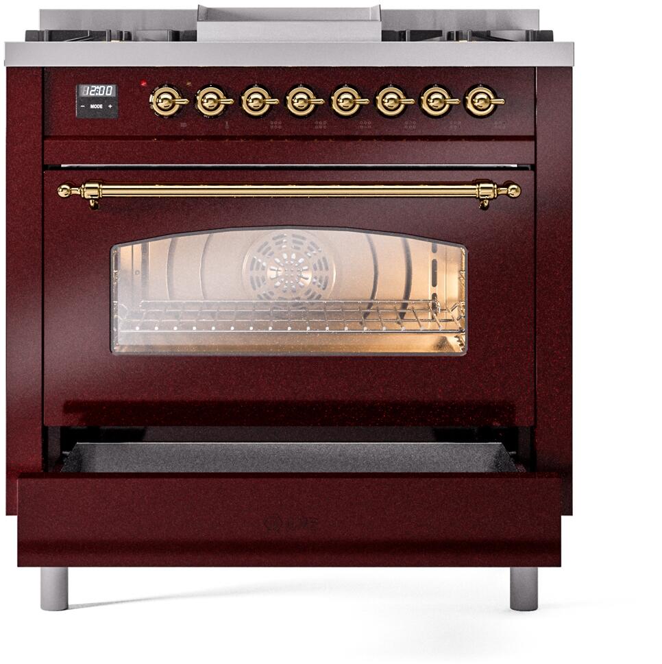 Ilve UP36FNMPBUGLP Nostalgie Ii 36 Inch Dual Fuel Liquid Propane Freestanding Range In Burgundy With Brass Trim