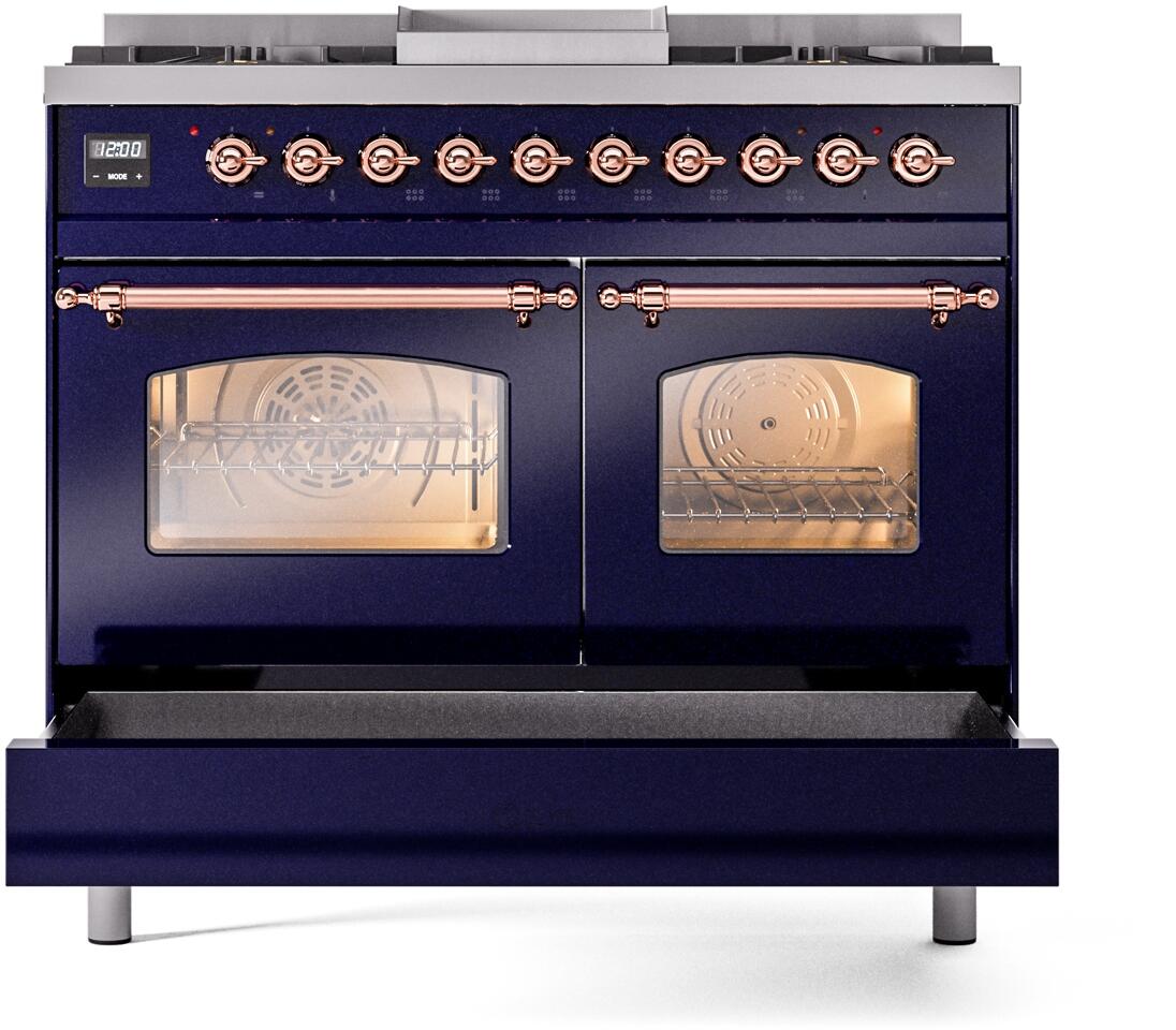 Ilve UPD40FNMPMBP Nostalgie Ii 40 Inch Dual Fuel Natural Gas Freestanding Range In Blue With Copper Trim