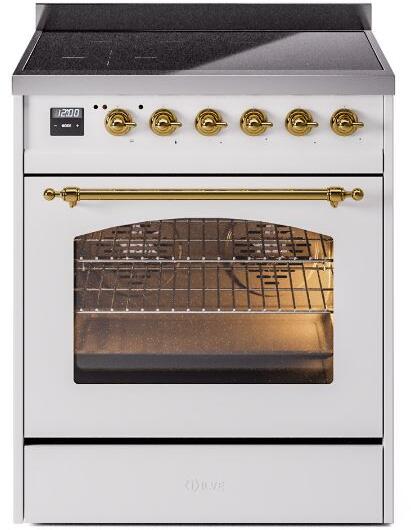 Ilve UPI304NMPWHG Nostalgie Ii 30 Inch Electric Freestanding Range In White With Brass Trim