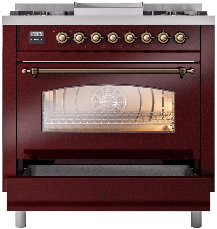 Ilve UP36FNMPBUB Nostalgie Ii 36 Inch Dual Fuel Natural Gas Freestanding Range In Burgundy With Bronze Trim