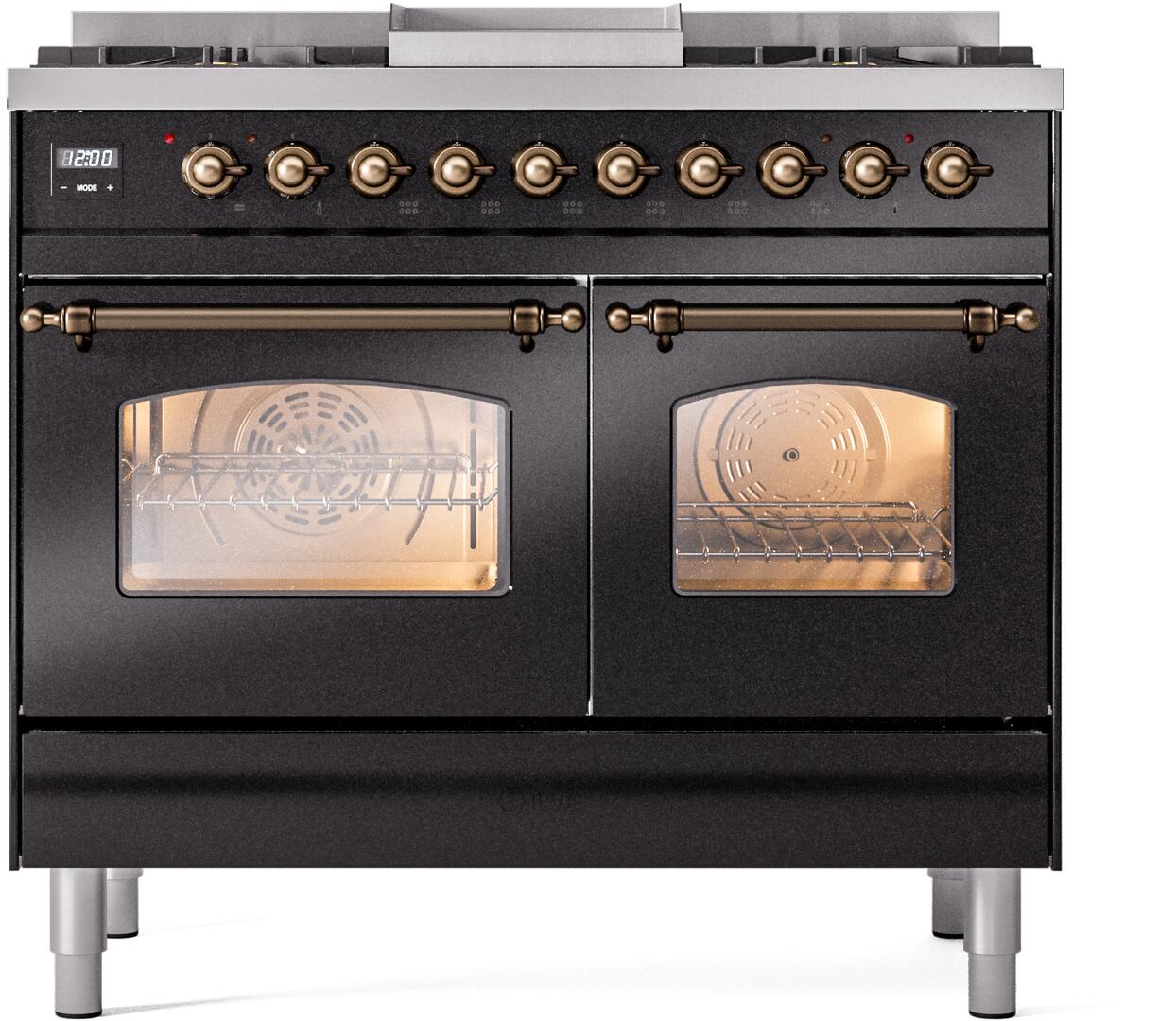 Ilve UPD40FNMPBKBLP Nostalgie Ii 40 Inch Dual Fuel Liquid Propane Freestanding Range In Glossy Black With Bronze Trim