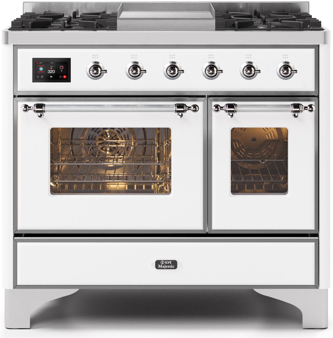 Ilve UMD10FDNS3WHCLP Majestic Ii 40 Inch Dual Fuel Liquid Propane Freestanding Range In White With Chrome Trim