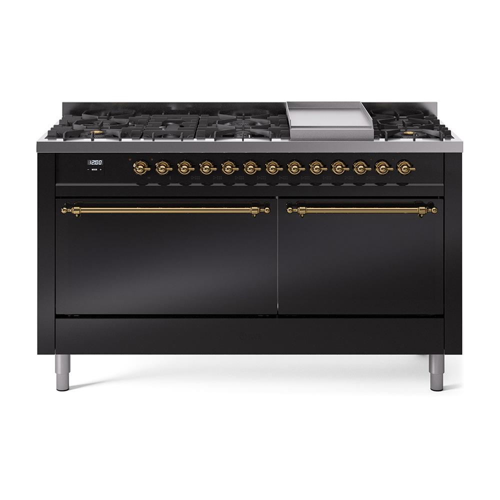 Ilve UP60FQNMPBKGLP Ilve Nostalgie Ii 60 Up60Fqnmpbkg Freestanding Dual Fuel Range With 9 Sealed Burners Double Oven With Solid Door In Glossy Black With Brass Knobs